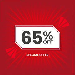 65% OFF. Special Offer Marketing Announcement. Discount promotion.65% Discount Special Offer Conceptual Red Banner Design Template.