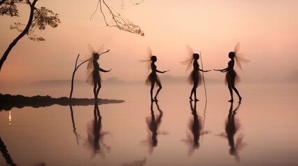  three silhouettes of three people holding hands in front of a body of water with a sunset in the background.