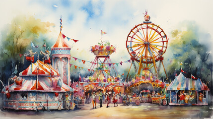 Vibrant Watercolor Carnival Scene, Lively and colorful carnival scene depicted in watercolors, Perfect for festive event promotions or celebratory art prints, AI Generated - obrazy, fototapety, plakaty
