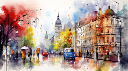 Vibrant Watercolor City Street, Bustling city street painted in vivid watercolors capturing the lively urban atmosphere, AI Generated