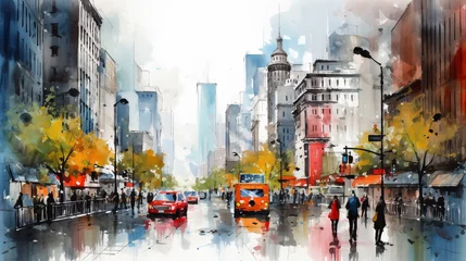 Fototapete Aquarellmalerei Wolkenkratzer Vibrant Watercolor City Street, Bustling city street painted in vivid watercolors capturing the lively urban atmosphere, AI Generated