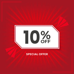 10% OFF. Special Offer Marketing Announcement. Discount promotion.10% Discount Special Offer Conceptual Red Banner Design Template.