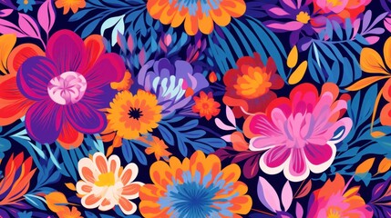  a bunch of colorful flowers that are on a blue and pink background with leaves and flowers in the middle of the image.