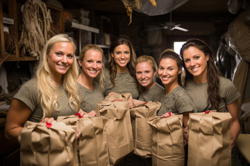 A group of volunteers creating care packages for deployed military personnel, showing gratitude for their service.