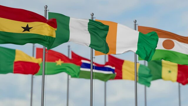 ECOWAS flags waving together on cloudy sky, endless seamless loop video