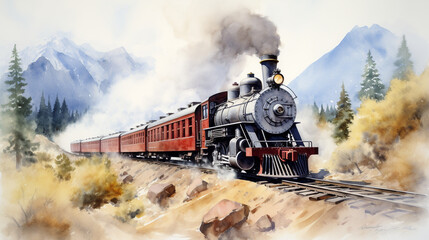 Watercolor Vintage Train Journey A nostalgic watercolor depiction of a vintage train journey through scenic landscapes, AI Generated