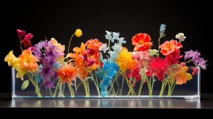  a group of multicolored flowers in a clear glass vase on a black background with a black back ground.