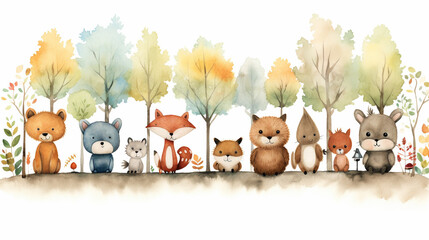 Whimsical Watercolor Forest with Animals, Playful and charming watercolor illustration of forest filled with cute animals, Great for children's book illustrations, Educational materials, AI Generated