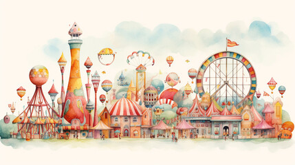 Whimsical Watercolor Carnival, Whimsical colorful watercolor depiction of carnival scene, Perfect for children's rooms, playful stationery, or event advertisements, AI Generated - obrazy, fototapety, plakaty