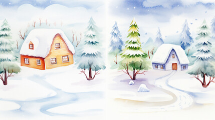 Winter scenes and portraits and orchids, Cartoon drawing, Water color style, AI Generated