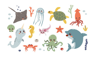 Set with hand drawn sea life elements and animals ,turtle , jellyfish ,narwhale , star , crab ,stingray, dolphin  . Vector doodle cartoon illustration set of marine life objects for your design.