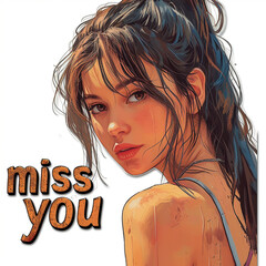 sticker of a woman with text next to in brown that says MISS YOU with a whie background, vector colorful
