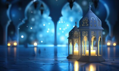 A Lantern Amidst Simple Islamic Artistry Ramadhan Month, Bathed in Ethereal Light with Blue Background