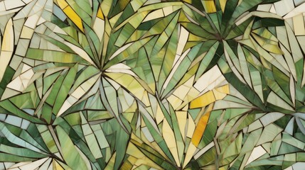  a close up of a stained glass window with a green plant in the middle of the window and yellow leaves in the middle of the window.