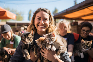 A team of volunteers assisting at an animal adoption event, connecting pets with loving families. - obrazy, fototapety, plakaty