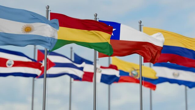Latin America region country flags waving together on cloudy sky, endless seamless loop