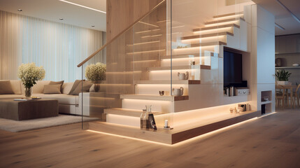 A chic, light-hued wooden staircase with frameless glass sides, LED lighting under the handrails...