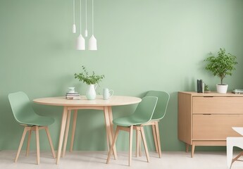 Mint color chairs at round wooden dining table in dining room with cabinet near green wall. Scandinavian, mid-century home interior design of modern living room.
 - obrazy, fototapety, plakaty