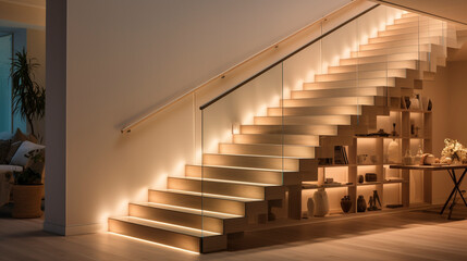 A chic, light-hued wooden staircase with transparent glass railings, subtly lit by discreet LED lighting under the handrails, in a bright, modern setting. - obrazy, fototapety, plakaty