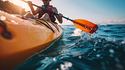 close up kayaking in the sea. Vacation concept. Outdoor activity  - obrazy, fototapety, plakaty