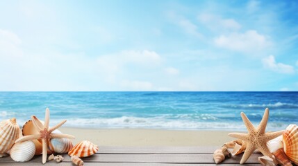 Fototapeta na wymiar Seashells on wooden board against beach backdrop. Summer vacation and travel.