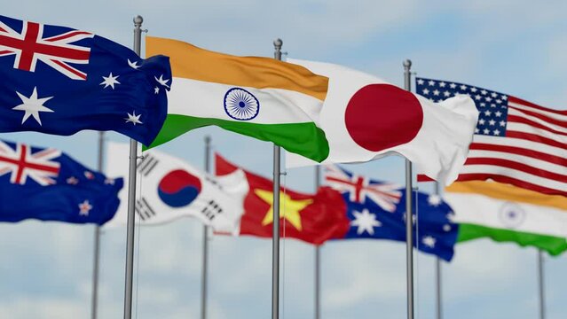 QUAD or Quadrilateral Security Dialogue QSD flags waving together on cloudy sky, endless seamless loop