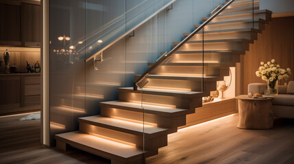A chic, light-hued wooden staircase with frameless glass sides, LED lighting under the handrails...