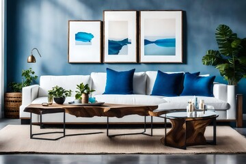 Modern living room with a view of white sofa and blue cushions.