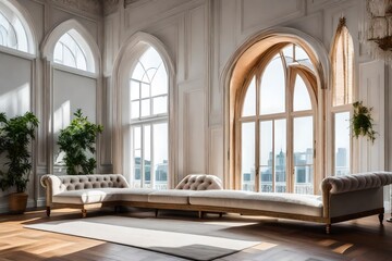 Interior sitting area of a luxury house with outside view from the wide windows.