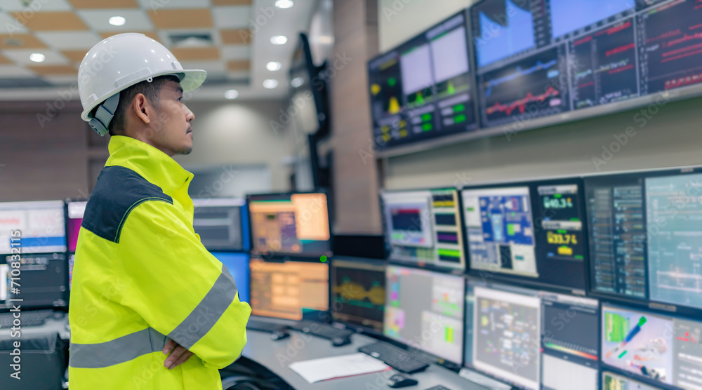 Wall mural engineer working at control room,manager control system,technician man monitoring program from a lot