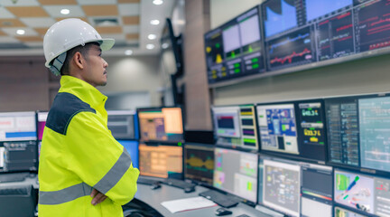 Engineer working at control room,Manager control system,Technician man monitoring program from a...