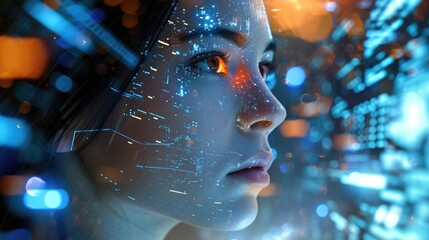 The expressive face of a woman in a futuristic digital realm - obrazy, fototapety, plakaty