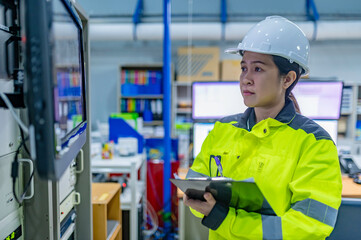 Electrical engineer woman checking voltage at the Power Distribution Cabinet in the control...