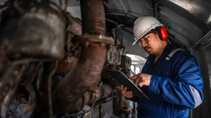 Engine engineer inspecting large machines in factory,Railway engine maintenance technician,engine...