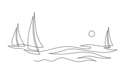 Yachts on sea waves. Seagull in the sky. Continuous line drawing illustration. Isolated on white background
