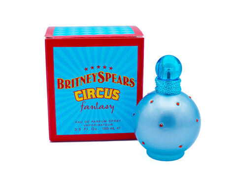Ocala, Florida January 10, 2024 Britney Spears Women Perfume, Circus Fantasy, Eau De Parfum vaporisateur Spray 3.3 Fl Oz blue glass bottle container with red ruby jewels Isolated on white background
