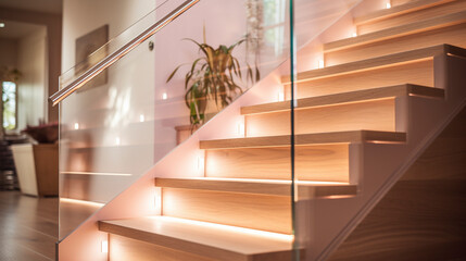 A fashionable light beech staircase with clear glass railings, discreetly illuminated by LED...