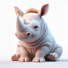 Poster 3D baby rhino funny cartoon on white background. AI generated © Alicina