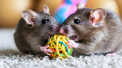 A pair of curious and mischievous pet rats playing with toys, illustrating their intelligence and curiosity