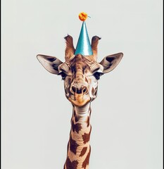 Celebration time! A whimsical giraffe wearing a party hat, ready to join in the fun - perfect for a birthday greeting or party invitation
