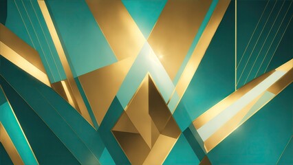 teal and Golden light rays with geometric shapes Background