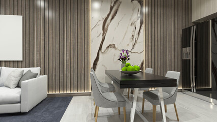 Minimalist Dining Table Design with Marble and Wooden Panel Decoration
