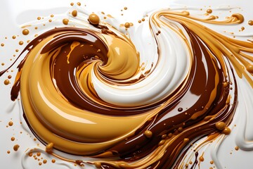 Chocolate syrup on white background. Close up