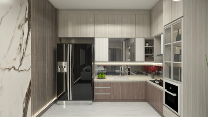 Modern Kitchen Design with Wooden Cabinet Furnishing and Mirror Backsplash