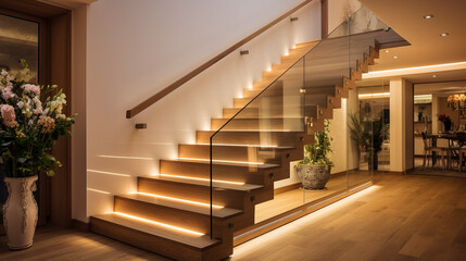 A chic, wooden staircase with frameless glass sides, under-handrail LED lighting creating a warm ambiance in a fashionable house.