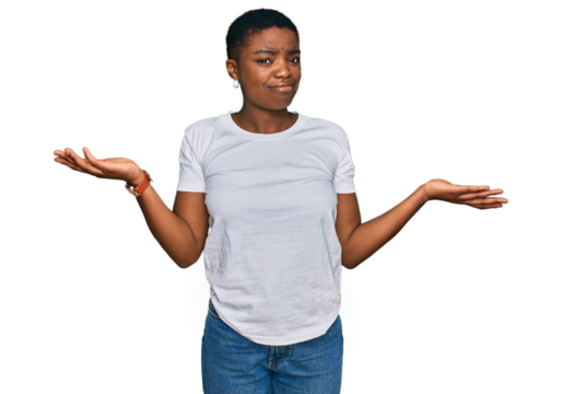 Young african american woman wearing casual white t shirt clueless and confused with open arms, no idea concept.