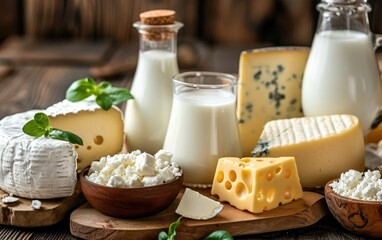 Milk, cheese, cream, butter, curd and others - various dairy products on a table