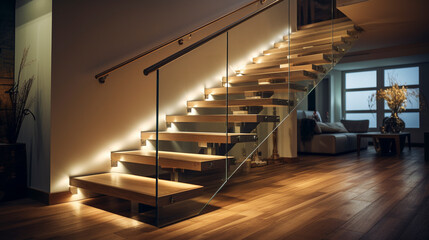A chic wooden staircase with transparent glass balustrades, subtly illuminated by LED strips under...