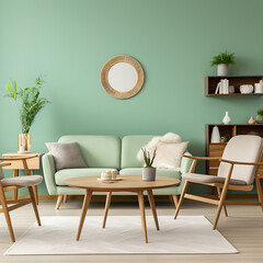 Mint color chairs at round wooden dining table in room with sofa and cabinet near green wall. Scandinavian, mid-century home interior design of modern living room in hd with fresh sofa design