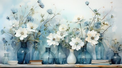 A shelf filled with multiple blue bottles containing white flowers, arranged on a wooden table - Powered by Adobe
